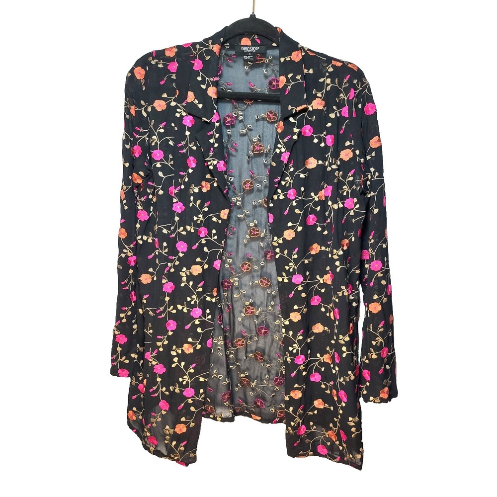 Karen Kane Black Floral Embroidered Sheer Open Front Long Sleeves Jacket Size 6‎